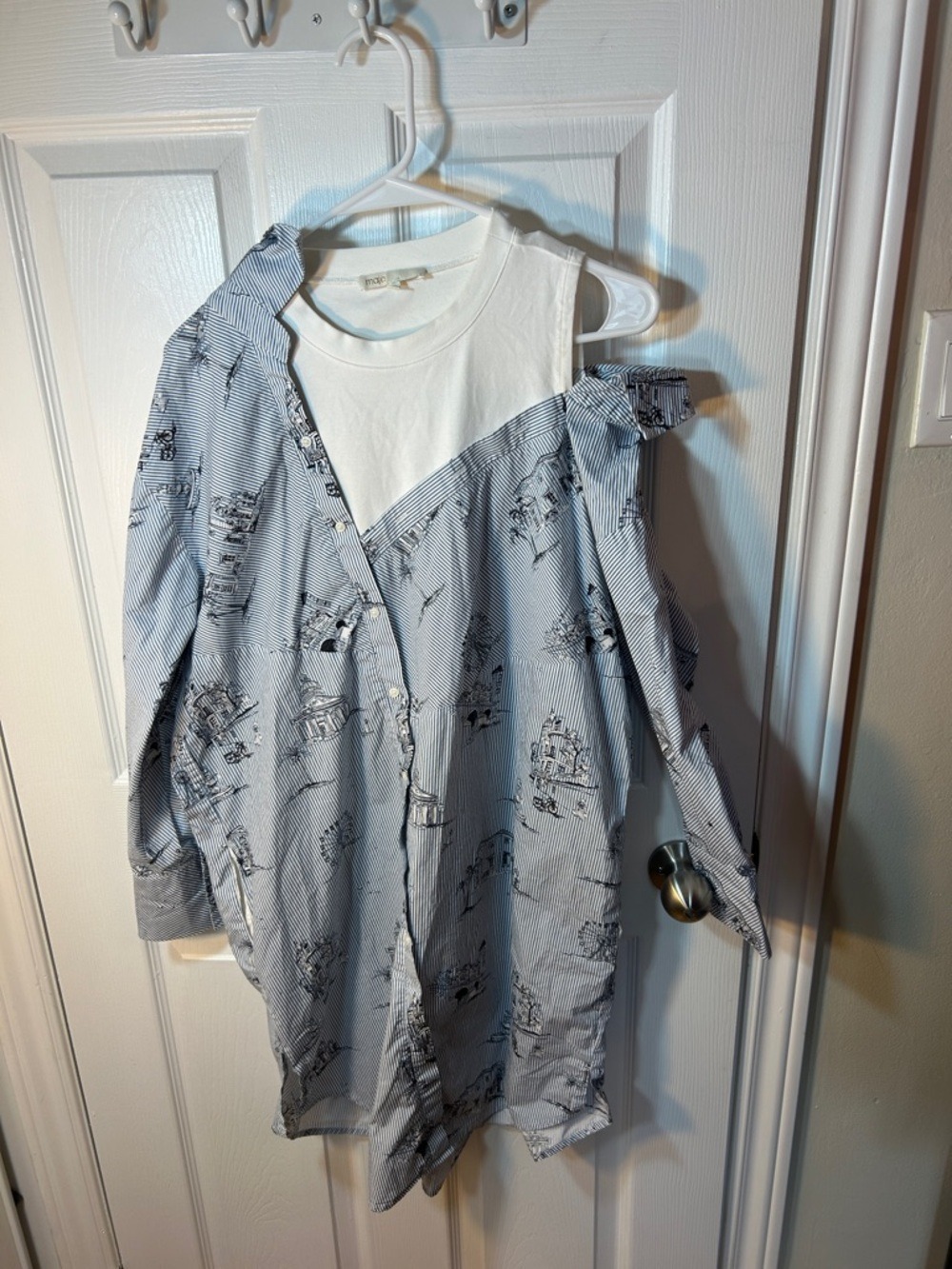 Maje Blue & White Pinstripe Cotton Off Shoulder Shirt Dress Sz 1 (Small) - Picture 3 of 11